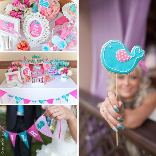Бирюзово-розовый свадебный Candy Bar с пионами и птичками