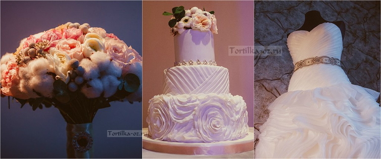 Свадебный торт под платье и букет невесты