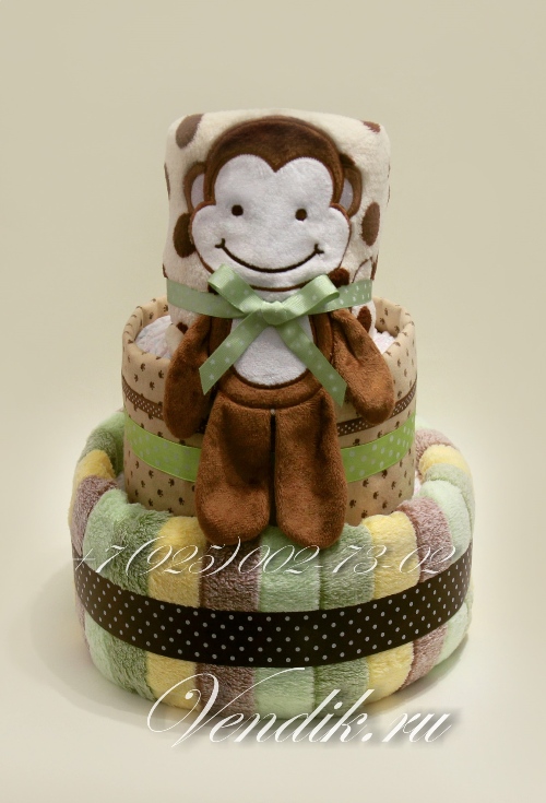 Торт из памперсов и детских пледиков "Обезьянка" - подарок на рождение