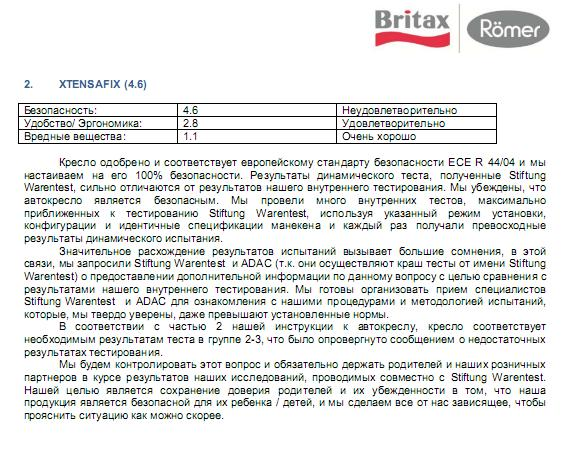 Письмо от Romer относительно результатов теста ADAC!
