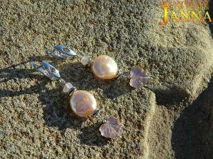 Серебряные серьги с жемчугом, розовым кварцем