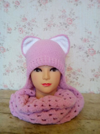 вязаный комплект, шапка-кошка,шарф,варежки