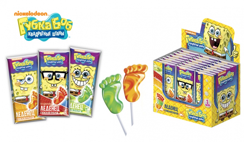 "SPONGE BOB" Карамель леденцовая- пятка на палочке с кислой
