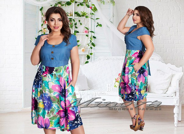 Артикул:Платье №292-джинс+бирюза цветы