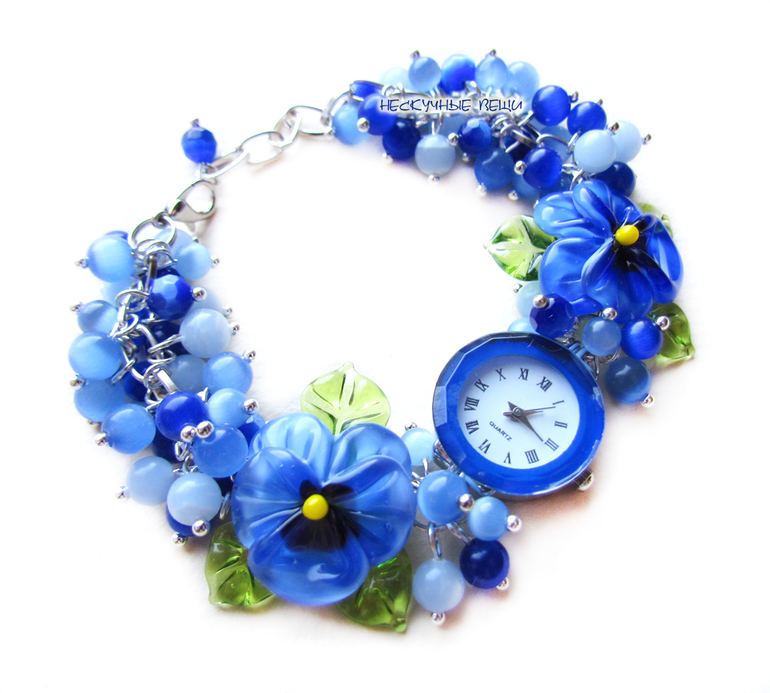 "Синяя птица"-2 наручные часы с бусинами лэмпворк