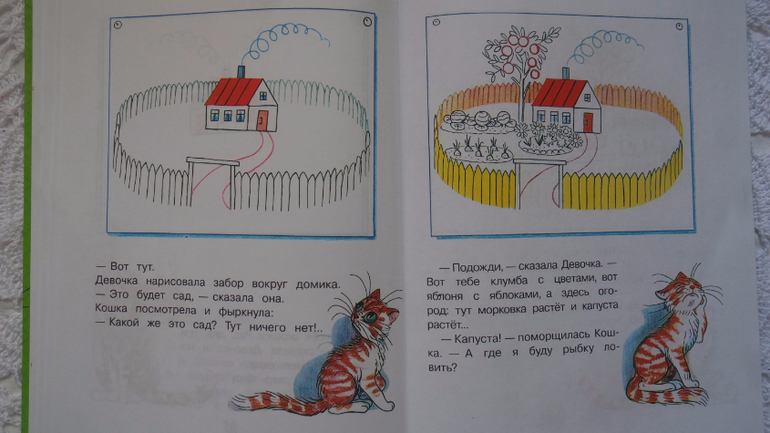 Девочка из сказки в сутеева капризная кошка рисует домик для кошки